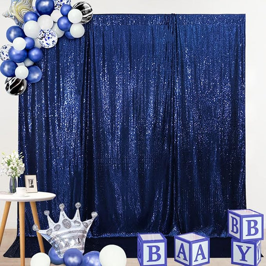 SquarePie Sequin Backdrop Curtain Not See Through Thick Glitter Background for Party 8FT x 10FT Navy Blue