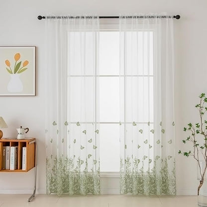 VISIONTEX White Sheer Voile Curtains, Decorative Green Embossed Butterflies Rod Pocket Window Drapes for Home Kitchen, Living Room and Bedroom 54 x 72 Inch, Set of 2 Curtain Panels