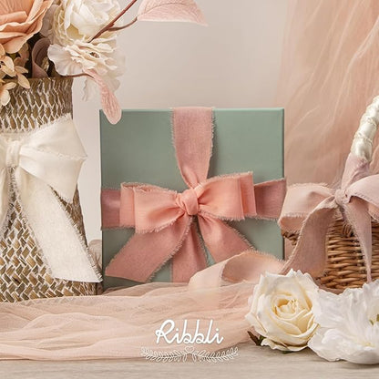 Ribbli 3 Rolls Pink Ribbon 1.5 Inch x 18Yards Ivory Blush Dusty Pink Handmade Cotton Frayed Fringe Ribbons for Gift Wrapping Wedding Invites Bridal Bouquets Baby Shower DIY Crafts Home Decor