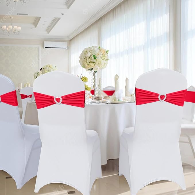 Howhic Pack of 30 Spandex Chair Sashes Bows Stretch Chair Cover Band with Buckle Slider Universal Elastic Chair Ties for Wedding Banquet Party Event Decoration (Ruby)