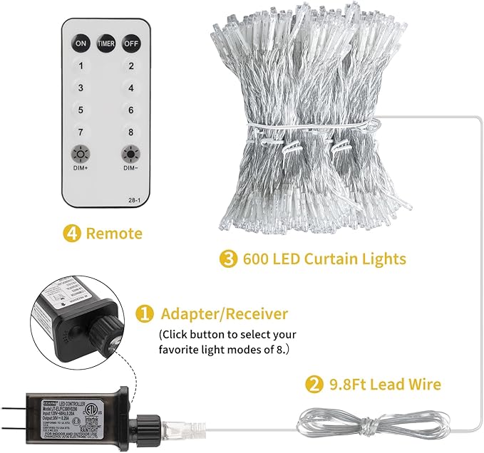 Brightown Window Curtain Lights, 600 Led 20 Feet Dimmable with Remote to Set 8 Lighting Modes and Timer, Fairy Led Lights for Bedroom Wall Wedding Decorate String Lights, Pure White, No Curtain