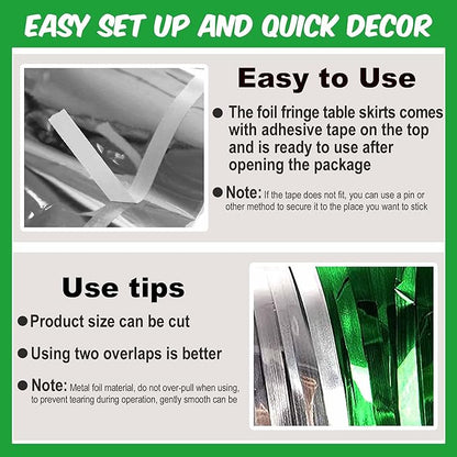3 Pack Silver Green Foil Fringe Table Skirts Metallic Tinsel Streamers Garland Banner Backdrop for Table Decor, Parade Float, Birthday, Wedding, Halloween, Christmas Party Decorations(29x108 In)