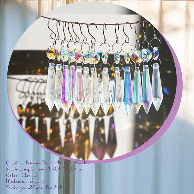 25pcs 55mm Colored Crystals for Chandeliers with Hooks,Suncatcher Crystal Garland with Octagon Crystal Beads,Hanging Crystals for Lamp,Windows,Wedding Decoration