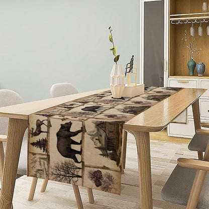 Rustic Cabin Table Runner, Retro Moose Cone Deer Bear Farmhouse Lodge Table Runner for Dinner Living Room Kitchen Vintage Country Cottage 13x36 Inch
