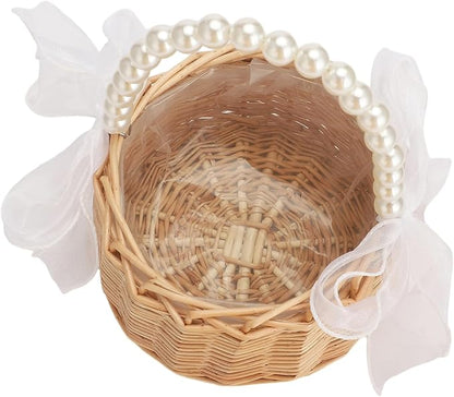 Wicker Rattan Flower Girl Basket Rustic Wedding Flower Girl Basket with Pearl Handle Small Flower Basket for Flower Girl Fairy Wedding Basket Handwoven Easter Baskets for Boys Girls Wedding (1 Pcs)