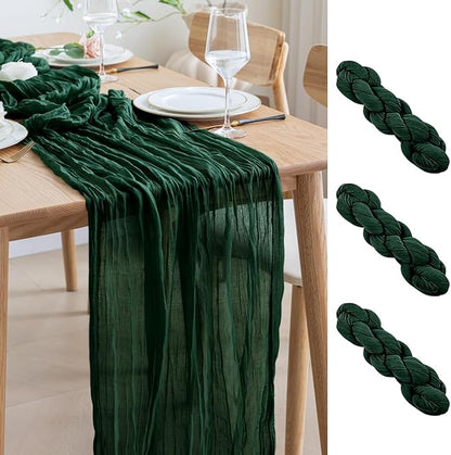 Asee'm 3PCS Table Runner Cheesecloth 10FT Emerald Green Boho Gauze Fabric Rustic Sheer Cheese Cloth Runners for Wedding Bridal Shower Party Spring Easter Decoration