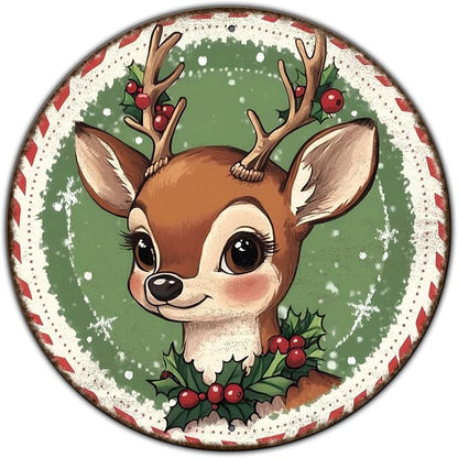 Round Retro Reindeer Metal Tin Sign - Vintage Christmas Decor for Home Coffee Wall - 8 * 8 in