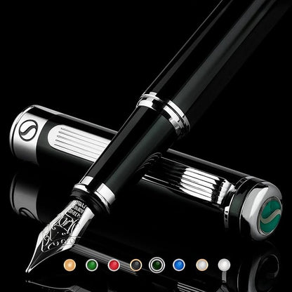 Scriveiner Black Green Fountain Pen - Stunning Luxury Pen with Chrome Finish, Schmidt Nib (Medium), Best Pen Gift Set for Men & Women, Professional, Executive, Office, Nice Pens