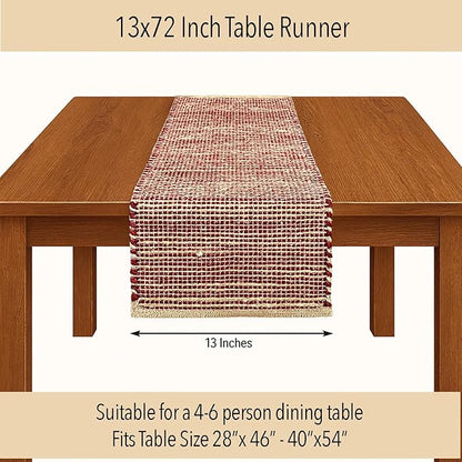 Chardin home Natural Jute Table Runner 13x72 Inch – Vintage Boho Rustic Table Decor – Handwoven Table Runner in Natural Jute and Red – Farmhouse Dining or Console Table Accent