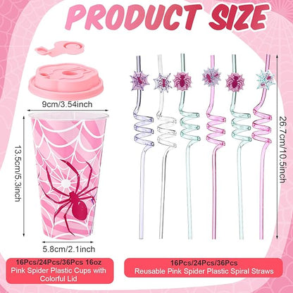 Yungyan 16 Sets Pink Spider Party Favors Goodie Cups with Lids and Straws for Halloween Party Decorations Reusable 16oz Plastic Candy Cups Plastic Straws for Birthday Gift (Pink Spider)
