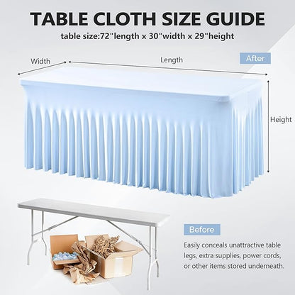 Wish Care 6 Pack Baby Blue Spandex Table Clothes for 6 Foot Rectangle Tables, 6FT Wrinkle Free Fitted Tablecloths Ruffles Design Table Cover for Party, Banquet, Wedding and Events