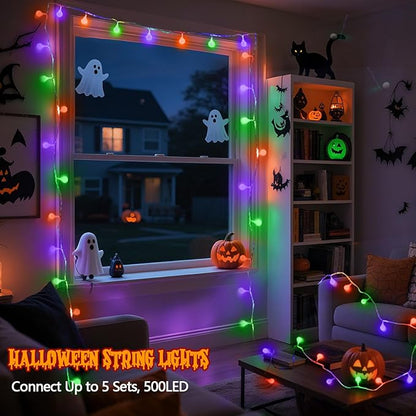 Connectable Orange Purple and Green Halloween Lights Outdoor Indoor - 43FT 100LED Globe String Lights Plug in with Timer, 13 Modes Fairy Light Waterproof for Party Halloween Decorations Bedroom Decor