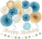 Light-Dusty Blue Beige-Champagne Women Birthday-Decorations - 21pcs Boho Neutral Happy Banner Garland,Paper Streamers Lanterns,Flower Tissue Pom Poms Fan Supplies,Wall Backdrop Party Decor Huglony