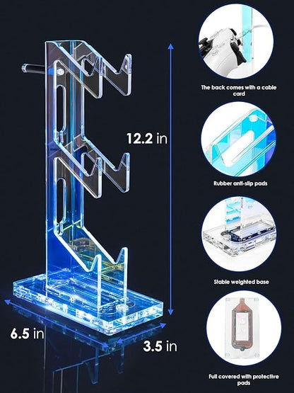 OAPRIRE Headset and Controller Stand with Lights, 3 Tier Acrylic Game Controller Holder, Controller and Headset Stand for Desktop,Universal Design Compatible with PS5/PS4/XBOX/SWITCH (Clear)