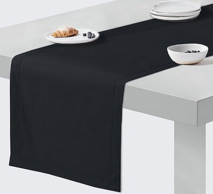 Ruvanti Linen Table Runner 108 Inches, Classic Hemstitch, Washable, Reusable, Non-Slipping, Stain Resistant- Perfect for Parties, Weddings, Dinners, Thanksgiving, Christmas, Indoor use – Black