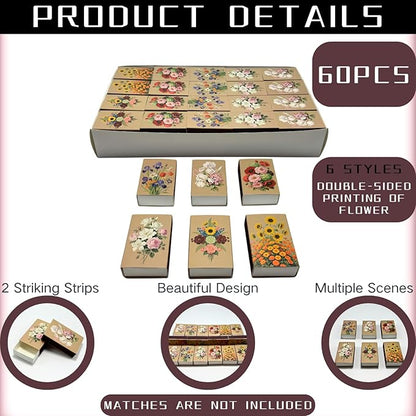 60pcs Flower Match Boxes, 2.25x1.42x0.59in Bulk Fall Spring Floral DIY Light Brown Storage Containers Holders Double-Sided Strikers Wedding Bridal Baby Shower Birthday Party Favor, No Matches Included