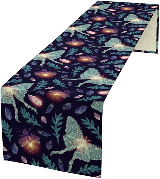 Moth Table Runner, Retro Boho Aesthetic Blue Moth Magic Table Runner for Home Kitchen Dining Party Indoor Outdoor Decoration 13x70 Inch