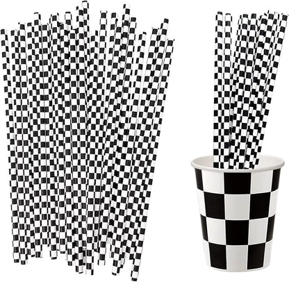 50 Pcs Checkered Flag Paper Straws Racing Car Straws Black and White Checkered Drinking Straws for Racing Birthday Party Decorations, Standard, Black/White