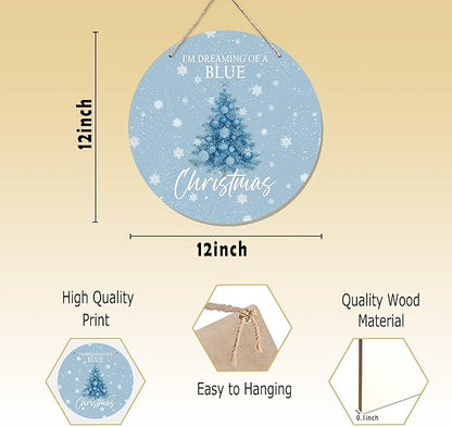 CGBHW Blue Christmas Tree Wooden Sign, Winter Holiday Theme Hanging Sign Wall Decor for Girls Room Home College, Aesthetic Christmas Xmas Snowflake Door Decor 12 x 6 Inch