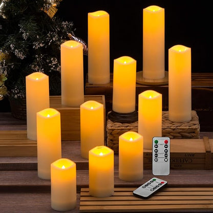 Waterproof Flickering Flameless Candles, Set of 12 Battery Operated Candles (D2.2'' x H4''5''6''7"), Outdoor Indoor Candles with 10-Key Timer Remote, Long Lasting