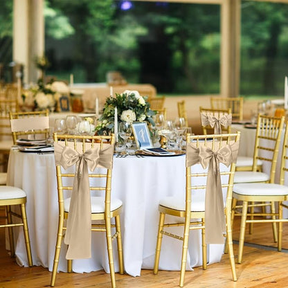 50 PCS Satin Chair Sashes Bows Universal Chair Ribbon Ties Back Sash for Wedding Party Reception Events Banquets Hotel Event Chair Cover Decoration (Champagne 7x108 inch)