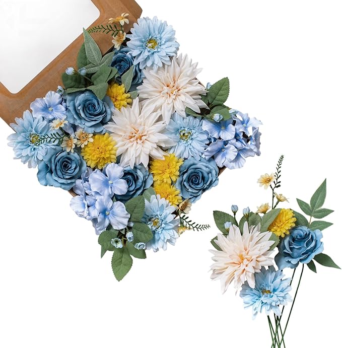 FANKO Rose Artificial Flowers Combo for DIY, Fake Blue Rose Artificial Silk Flowers with Greenery, Real Looking Artificial Faux Flowers for Wedding, Table Decoration, Centerpieces, Party, Home Décor