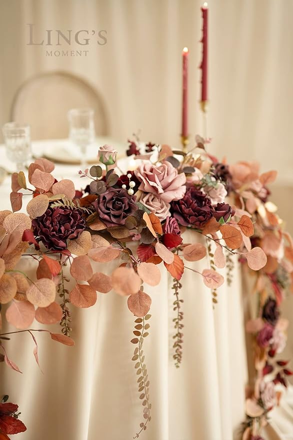 Ling's moment 9FT Eucalyptus and Willow Leaf Garland with White Flower, Handcrafted Wedding Sweetheart Table Centerpieces Head Table Decor Arch Backdrop Decorations for Wedding | Burgundy & Dusty rose