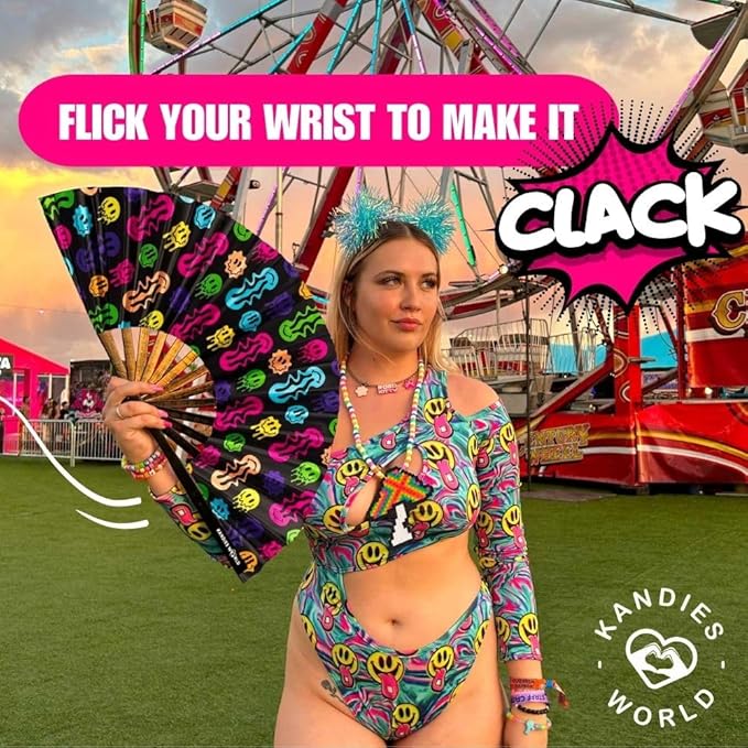 Kandies World UV Reactive Custom Festival Folding Hand Fan - Unique Designs, Made of Bamboo, Clacking Sound, Lightweight - Perfect Rave and Festival Accessory!