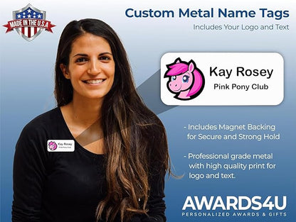 Custom Name Tag with Logo - Personalized Name Badge with Magnet Backing - Choose Your Size and Color (White Metal 3"x1.25" - Logo on Left)