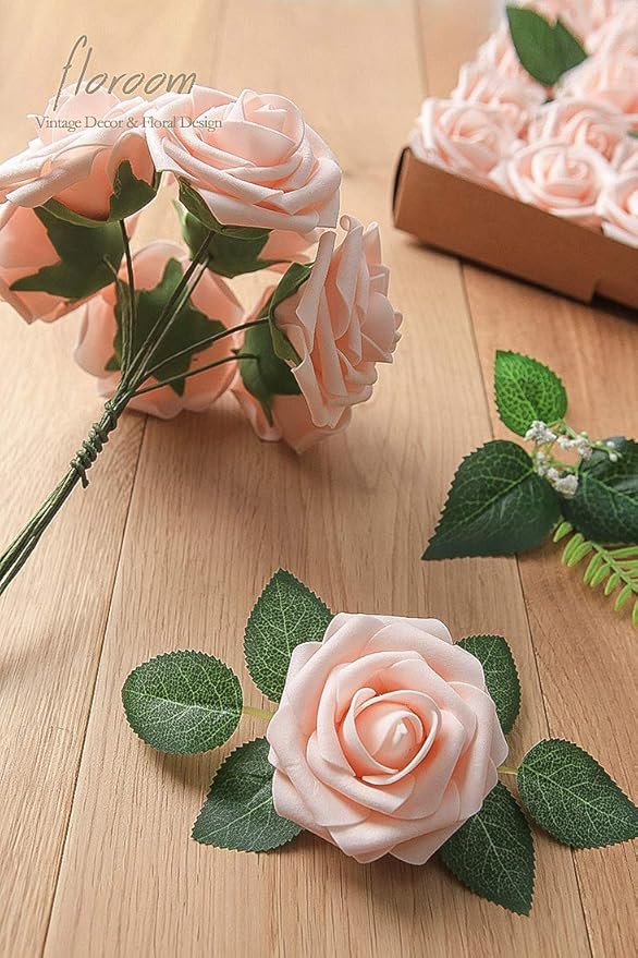 Floroom Artificial Flowers 50pcs Real Looking Blush Foam Fake Roses with Stems for DIY Wedding Bouquets Pink Bridal Shower Centerpieces Floral Arrangements Party Tables Home Decorations