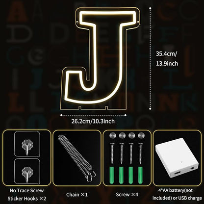 Light Up Letters J, Led Marquee Letter Lights Neon Sign, 13.9" Height Decorative Lighted Alphabet Number, Battery/USB Powered Led Letters Lights for Wedding, Birthday, Party, Christmas or Home Decor