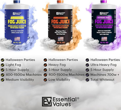 Essential Values Fog Machine Liquid - Long-Lasting Fog Juice for Smoke Machine Extreme High-Density, 32oz/Quart – Manufactured in USA – Water Based Foggers 700+ Watt Machines