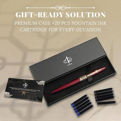 YUNCHUN Refillable Fountain Pen Fine Nib, Fancy Ink Pen with 5 Black & 5 Blue Ink Refills Cartridges, Cool Ink Pens for Writing, Business Metal, Best Gift Set for Men & Women, Red