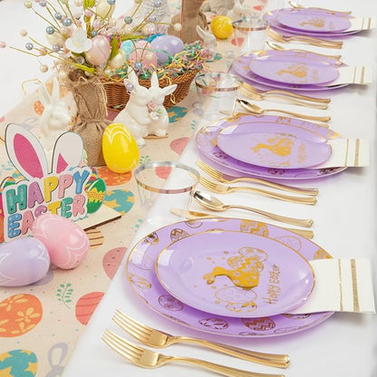 Festiva 175Pcs Easter Plates and Napkins Disposable - Purple and Gold Plastic Dinnerware Set for 50 guests include 50 Plates 25Cups 25Plastic Silverware 25Napkins Perfect for Easter Party