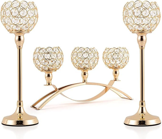 VINCIGANT Set of 3 Gold Candle Holders Wedding Table Centerpieces,Tealight Candlestick Candelabra Stand with 3 Arms for Fireplace Home Living Room Decor,Valentine's Day Housewarming