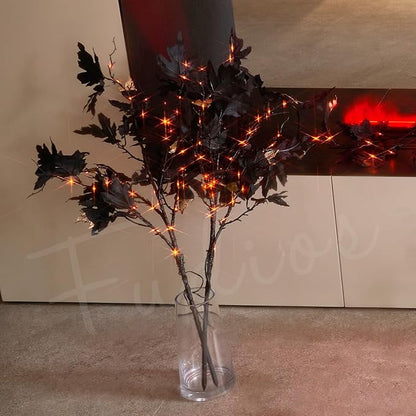 Fudios Halloween Black Branch Lights with Maple Leaves 120LED 32IN Battery Operated Thanksgiving Indoor Artificial Lighted Twig Branches with Timer Warm White and Orange Lights