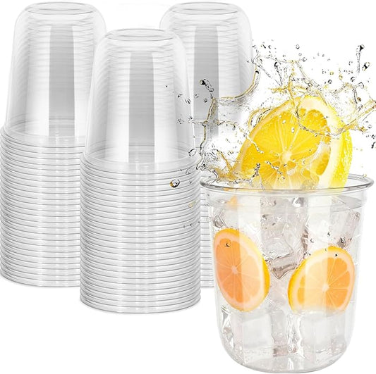 60 Pcs Disposable Stemless Clear Glasses 12 oz NATURAL Arc Crystal Plastic wine glasses Clear Classic Pet Cup for Meeting Weddings Birthdays Cocktail Christmas Party Supplies