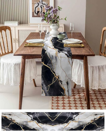 Black White Marble Cotton Linen Table Runner for Dining Kitchen, Wedding Outdoor Party Tablerunners Decoration, Nature Marble Crack Modern Art Dresser Scarf Coffee Tablecloth Runners 13x120 Inches