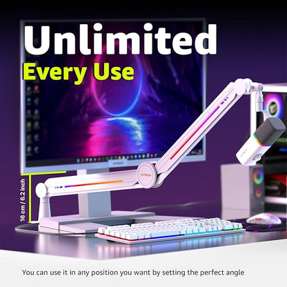 IXTECH RGB Mic Boom Arm High Profile, Overhead Boom Arm Microphone Stand Desk Mount, Adjustable Microphone Stand with Desk Mount, Mic Arm for Live Streaming Gaming Podcasting Recording.