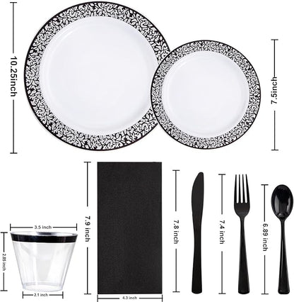 WELLIFE 350Pcs Black Plastic Dinnerware and Napkins Party Supplies Include:50 Dinner Plates, 50 Dessert Plates, 50 Napkins, 50 Cups and 50 Plastic Cutlery