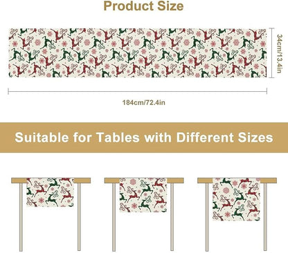 Christmas Table Runner,Christmas Plaid Deer Print Farmhouse Table Cloth Kitchen Dining Table Decoration for Home Party Decor 13x120 Inch