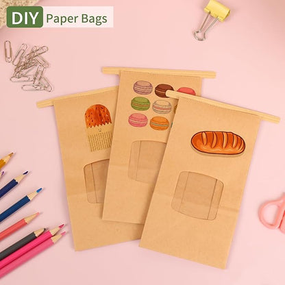 Moretoes 100pcs Small Bakery Cookie Bags with Window, Brown Kraft Paper Bags for Homemade Bread Cookie, 3.5x2.2x6.7in Tin Tie Tab