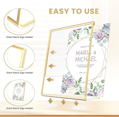Acrylic Gold Frames 4X6, Slanted Back Gold Picture Frames Table Acrylic Sign Holder for Photos Wedding Table Numbers and Art Display with Removable Clear Sticky Dots，3 Pack