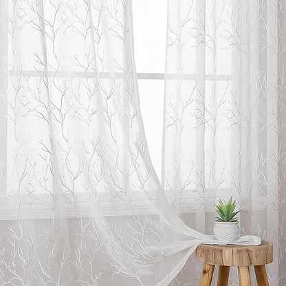 VISIONTEX Sheer Curtains 84 inch Length 2 Panels Set, Decorative Beige Coral Embroidery, Rod Pocket Embroidered Window Drapes for Living Room and Bedroom, 54" x 84"