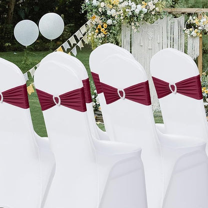 Howhic Pack of 120 Spandex Chair Sashes Bows Stretch Chair Cover Band with Buckle Slider Universal Elastic Chair Ties for Wedding Banquet Party Event Decoration (Burgundy)