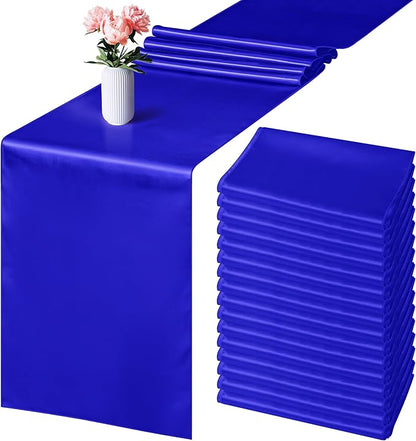 Aneco 16 Pack Satin Table Runner 12 x 108 Inch Dark Blue Long Wedding Satin Silk Table Runner for Wedding Banquet Graduations Birthday Party Decoration