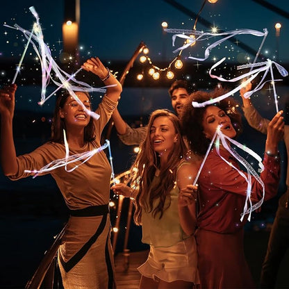 100 Pieces Light up Wedding Wands with Ribbons & Bells –LED Silk Wedd Fairy Wands Streamers with Warm White & Colorful Lights for Wedding Send Off Ideas, Parties, and Celebrations