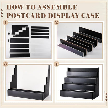 4 Tier Greeting Card Display Stand Black Bamboo and Acrylic Sticker Display Stand Trading Card Holder Retail Photos Shelf for Vendors Craft Collection & Show