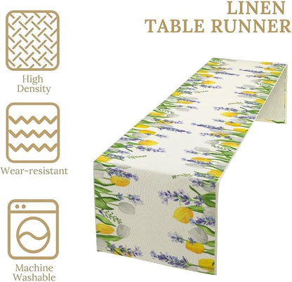 Floral Tulip Lavender Table Runner, Spring Watercolor Flower Plants Nature Butterfly Table Runner for Kitchen Dinner Living Room Home Party, 13x36 Inch
