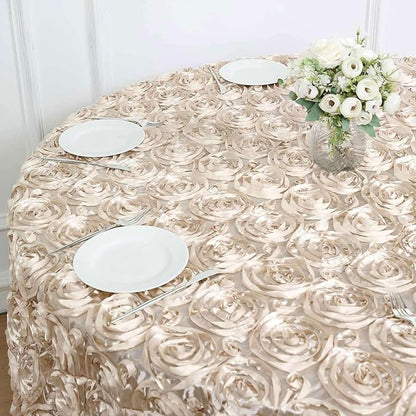 Efavormart 120" Beige Grandiose 3D Rosette Satin Round Tablecloth for Wedding Party Event Decoration